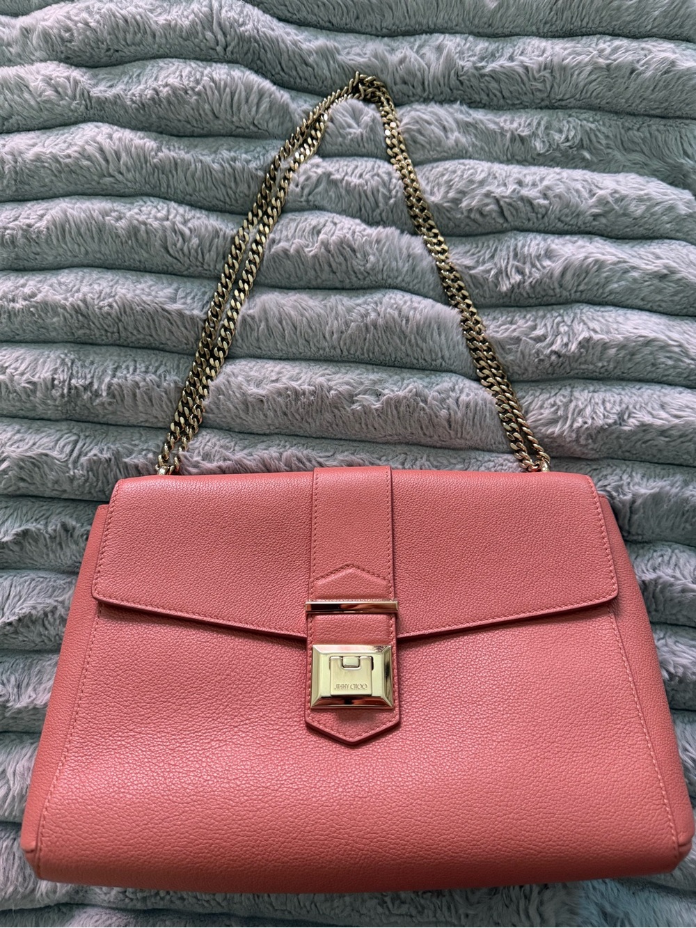 Jimmy Choo Coral Pink Leather Shoulder Bag with Gold Chain Strap
